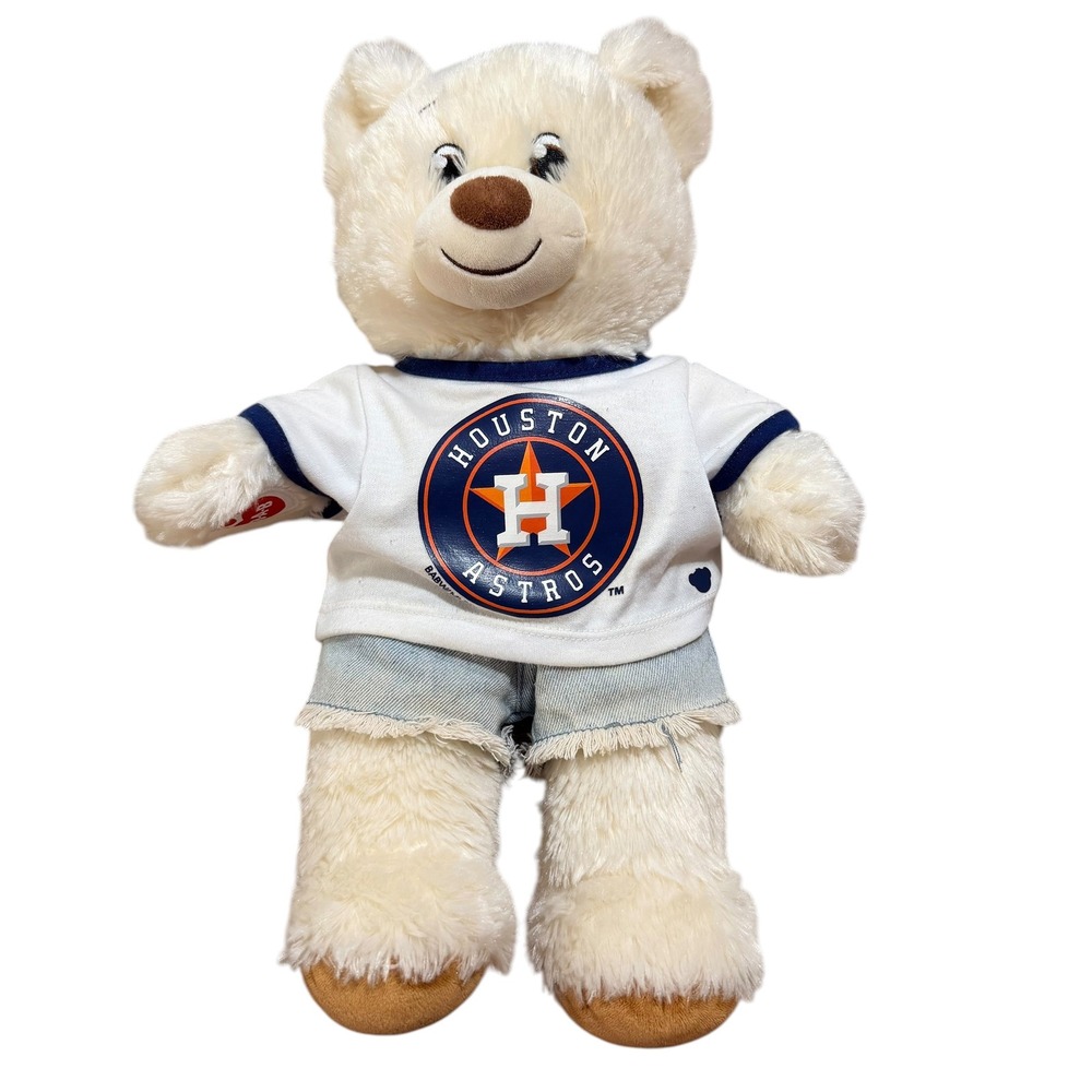 Build-A-Bear Houston Astros MLB Plush Teddy Bear White Logo Shirt Denim Shorts